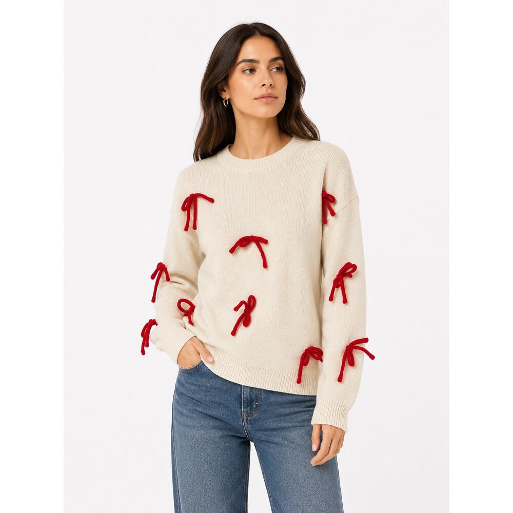 Roffe White Sweater with Red Bows Knit Pullover NWT Size Large